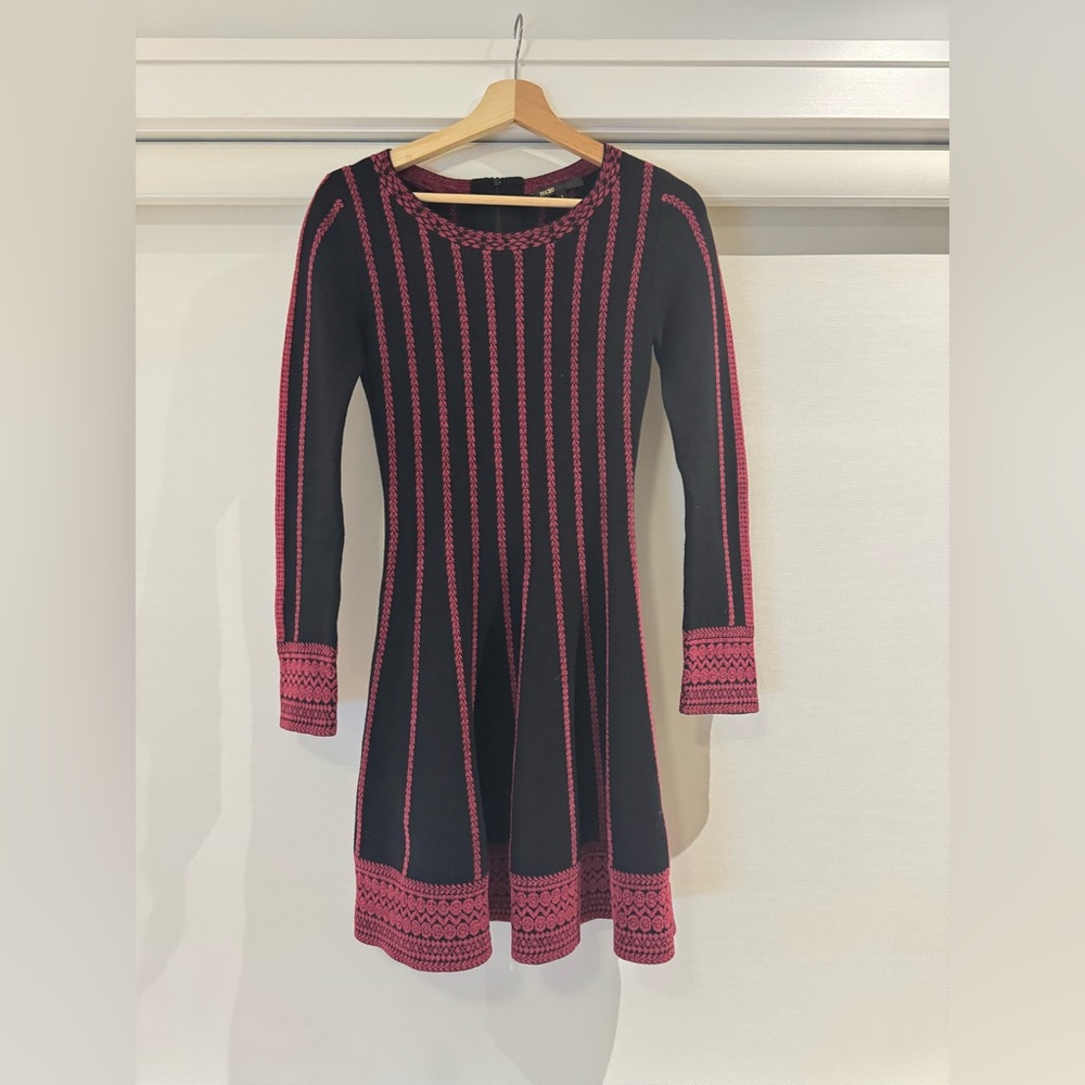 Maje Knitted Skater Dress with Contrast Details - Size 4 - Parisian Chic